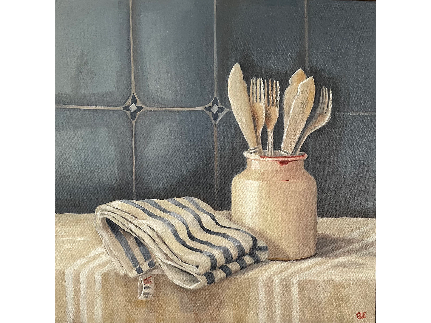 Square oil painting of a vintage ceramic jar filled with wooden cutlery next to a folded blue-striped towel on a cream cloth against a blue tiled wall.