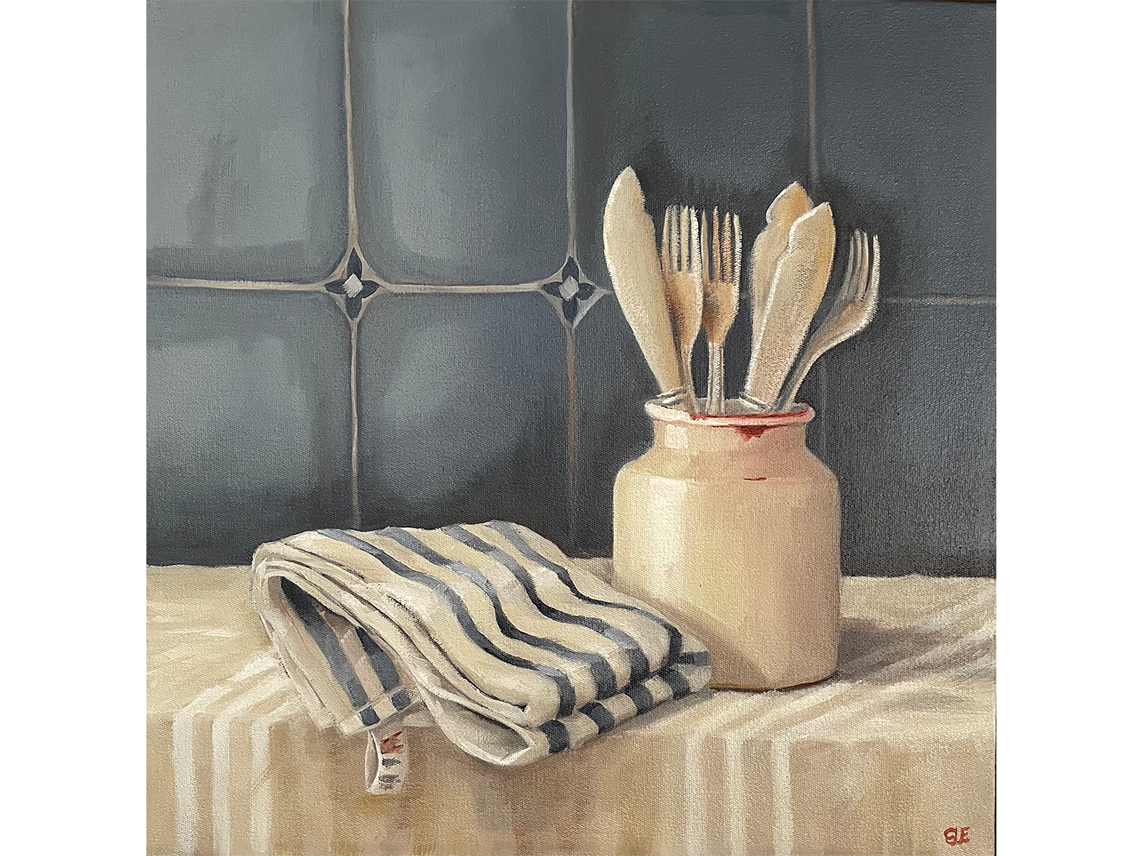 Square oil painting of a vintage ceramic jar filled with wooden cutlery next to a folded blue-striped towel on a cream cloth against a blue tiled wall.