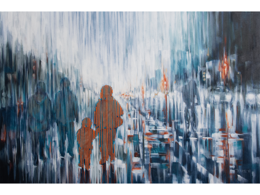 Horizontal painting of a rainy city street with blurred figures, featuring two central figures detailed in orange vertical embroidery yarn.